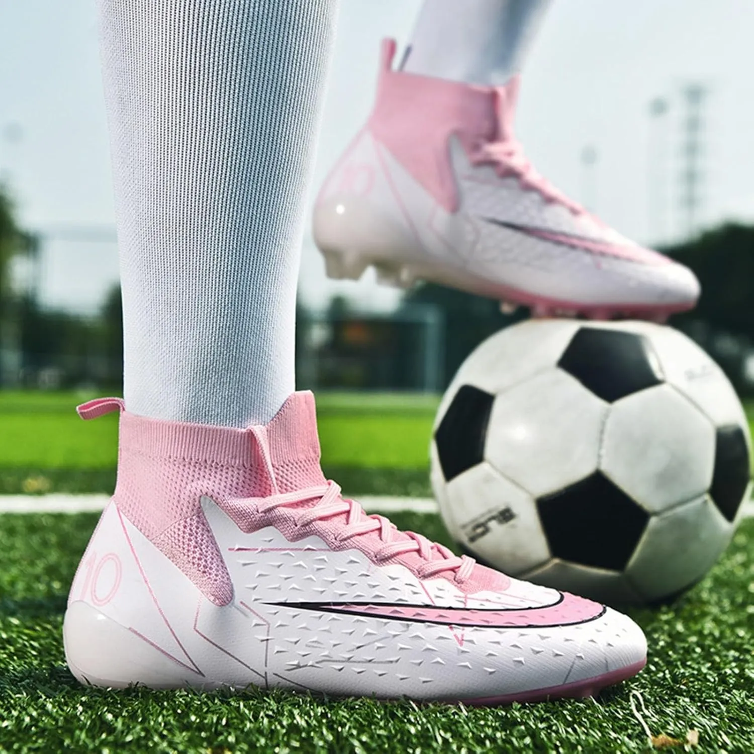 Turf Football Cleats Breathable, Soccer Cleats Professional Lightweight High Top Shock Resistant Comfortable Youth Athletic