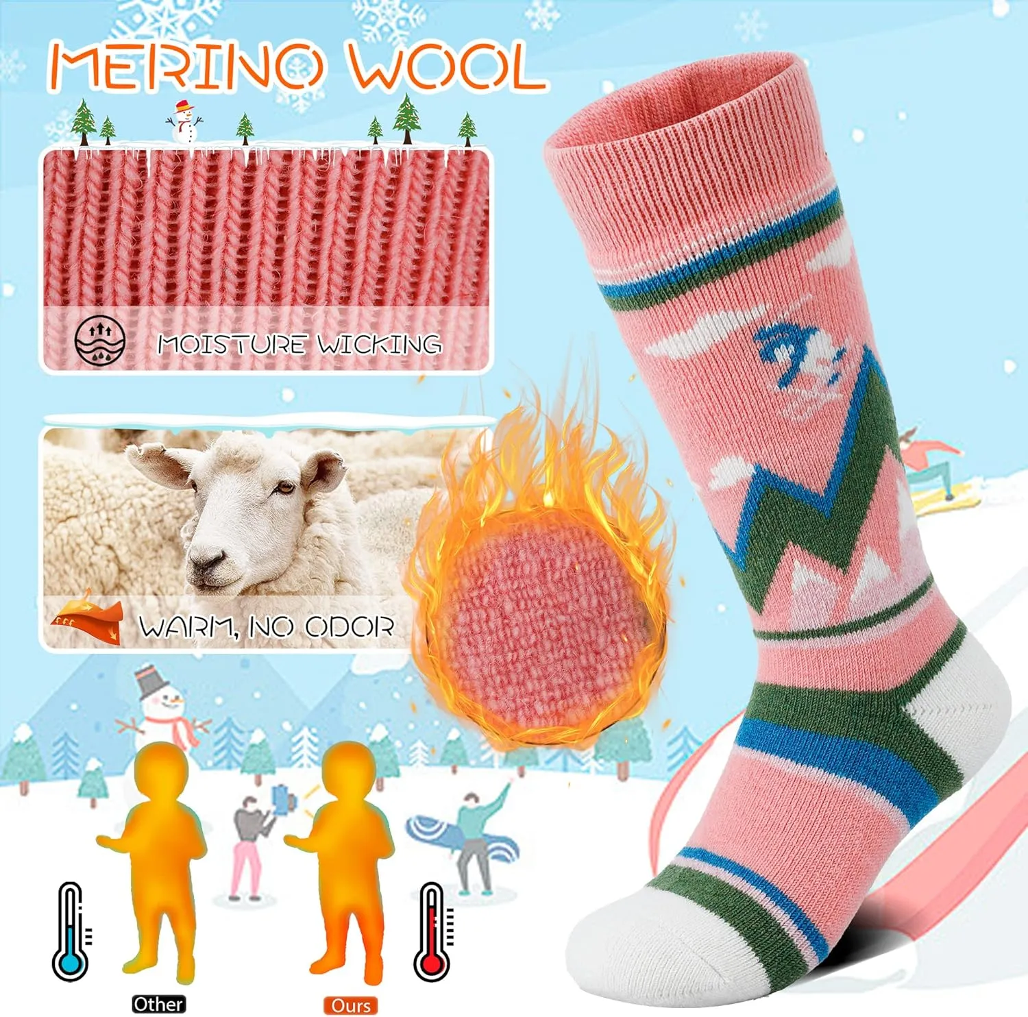 unenow Merino Wool Ski Socks Kids 2 Pairs, Winter Warm Snowboarding Thermal Socks for Boys Girls Toddlers