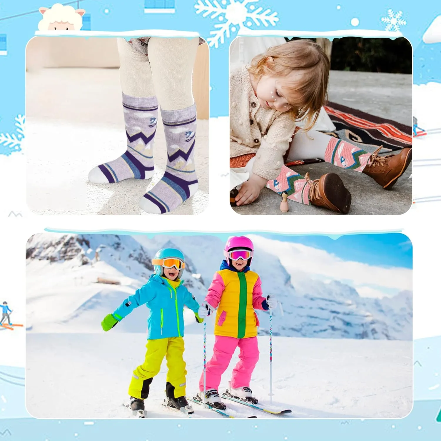 unenow Merino Wool Ski Socks Kids 2 Pairs, Winter Warm Snowboarding Thermal Socks for Boys Girls Toddlers