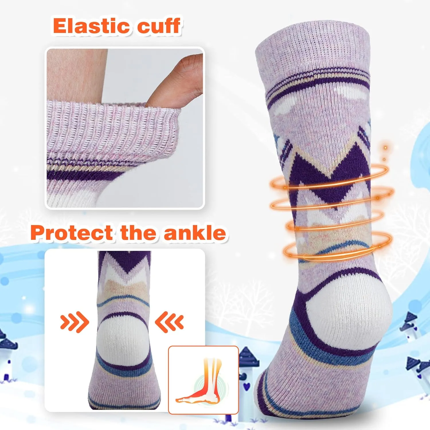 unenow Merino Wool Ski Socks Kids 2 Pairs, Winter Warm Snowboarding Thermal Socks for Boys Girls Toddlers