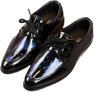 Unisex Kids Patent Leather Shoes, Pointed Toe Lace-up Dress Shoes, Shiny Performance Footwear for Boys and Girls