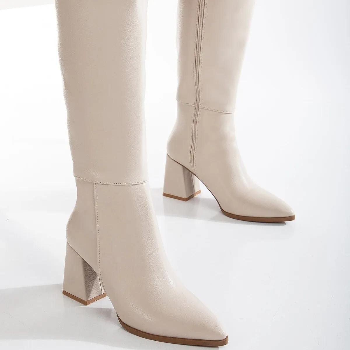 Valerie - Beige Knee High Boots