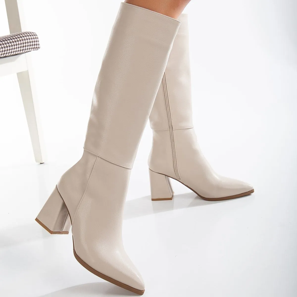 Valerie - Beige Knee High Boots