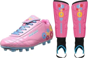 Vizari Blossom Soccer Cleats (8) & Shinguards (M) Combo | Firm Ground Cleats with Superior Traction & Lightweight Shin Guards with Detachable Ankle Protection | Perfect Youth Soccer Set for Performanc