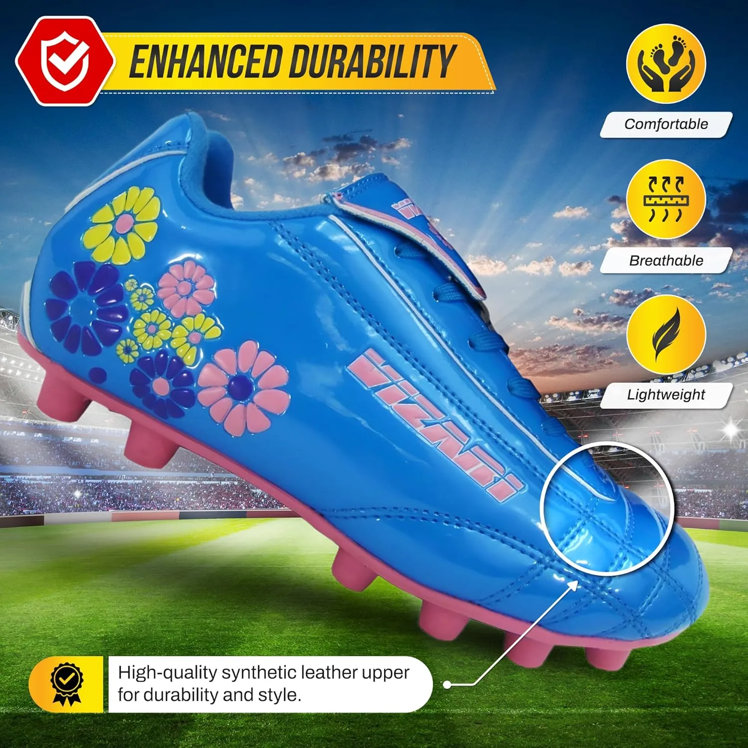 Vizari FG Youth Soccer Cleats with Two Pair of Socks (Random Color)| Firm Ground Shoes for Boys and Girls with Padded Linings | Durable Football Shoes for Youth with TPU Outsole