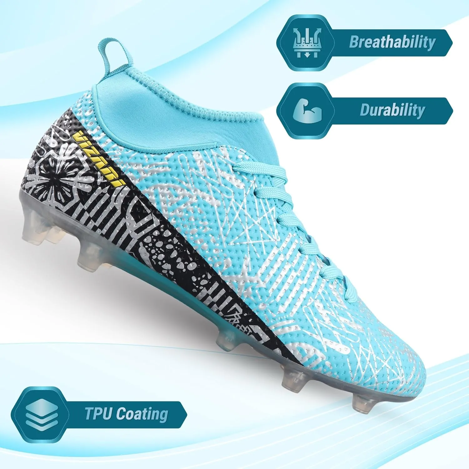Vizari Saco FG Adult Soccer Cleats for Outdoor Play | Mint/Black Mid-Cut High Ankle Football Shoes with Sock | Professional Spikes High Top Football Cleats | Transparent Studs Soccer Cleats