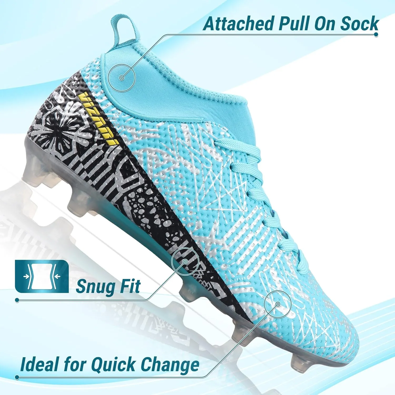 Vizari Saco FG Adult Soccer Cleats for Outdoor Play | Mint/Black Mid-Cut High Ankle Football Shoes with Sock | Professional Spikes High Top Football Cleats | Transparent Studs Soccer Cleats
