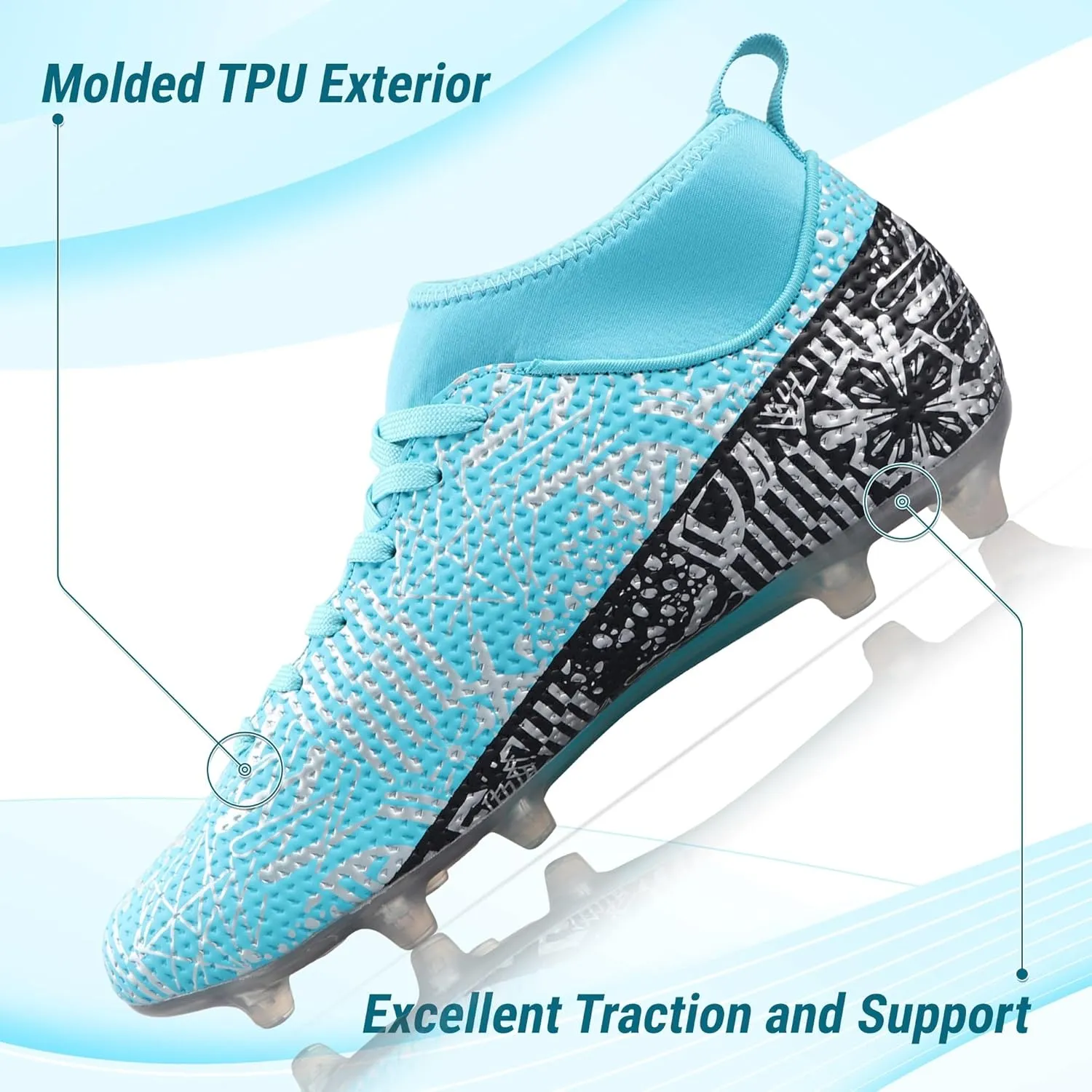 Vizari Saco FG Adult Soccer Cleats for Outdoor Play | Mint/Black Mid-Cut High Ankle Football Shoes with Sock | Professional Spikes High Top Football Cleats | Transparent Studs Soccer Cleats