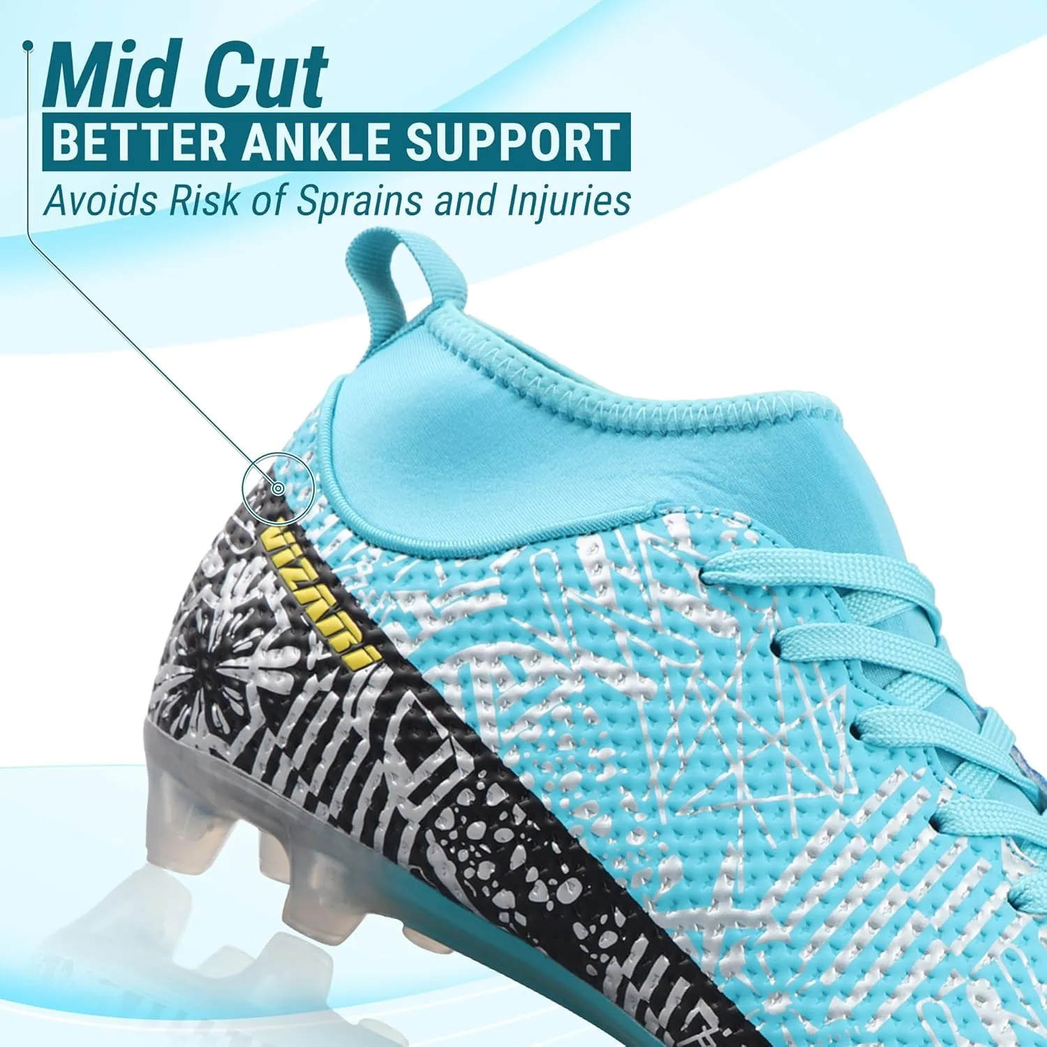 Vizari Saco FG Adult Soccer Cleats for Outdoor Play | Mint/Black Mid-Cut High Ankle Football Shoes with Sock | Professional Spikes High Top Football Cleats | Transparent Studs Soccer Cleats