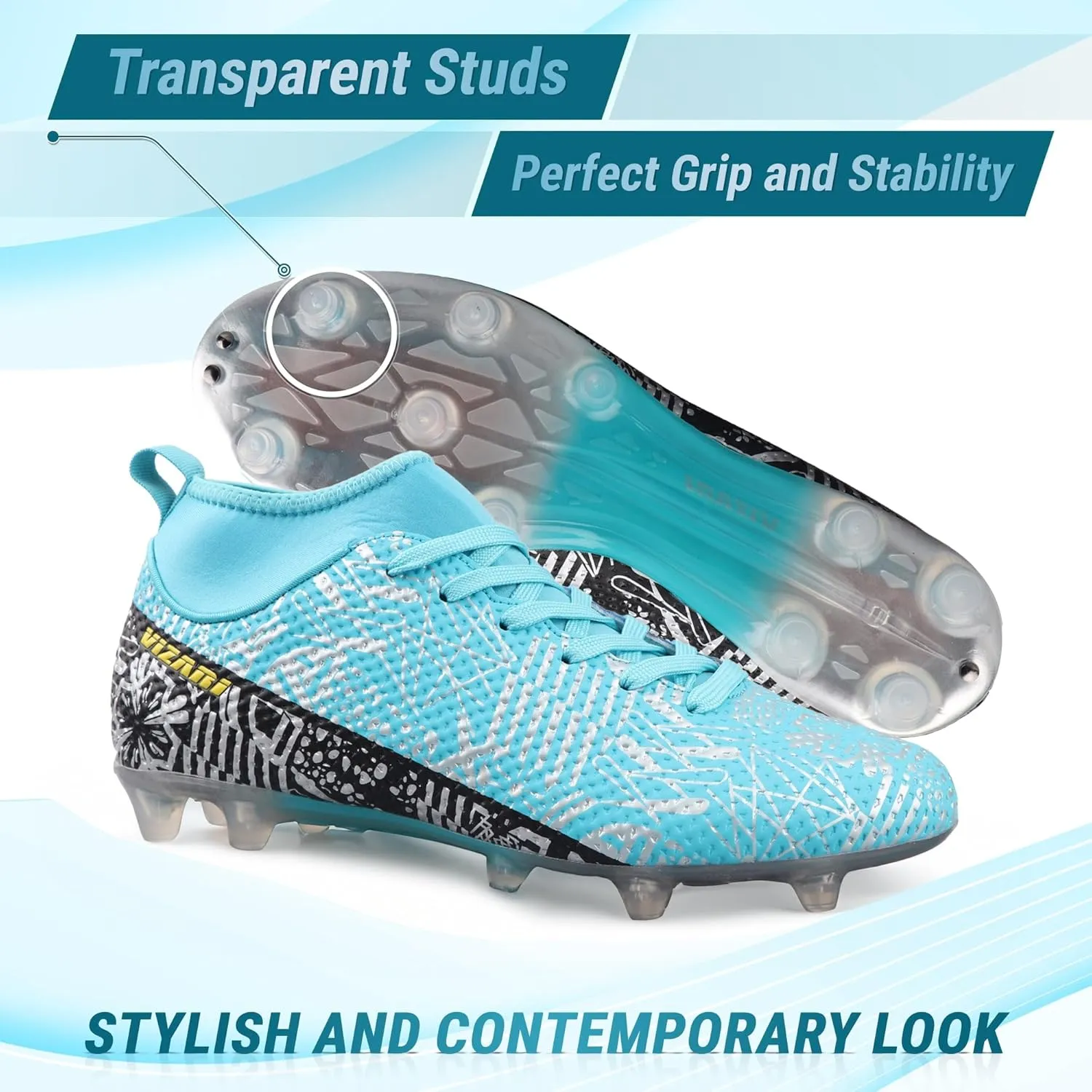 Vizari Saco FG Adult Soccer Cleats for Outdoor Play | Mint/Black Mid-Cut High Ankle Football Shoes with Sock | Professional Spikes High Top Football Cleats | Transparent Studs Soccer Cleats