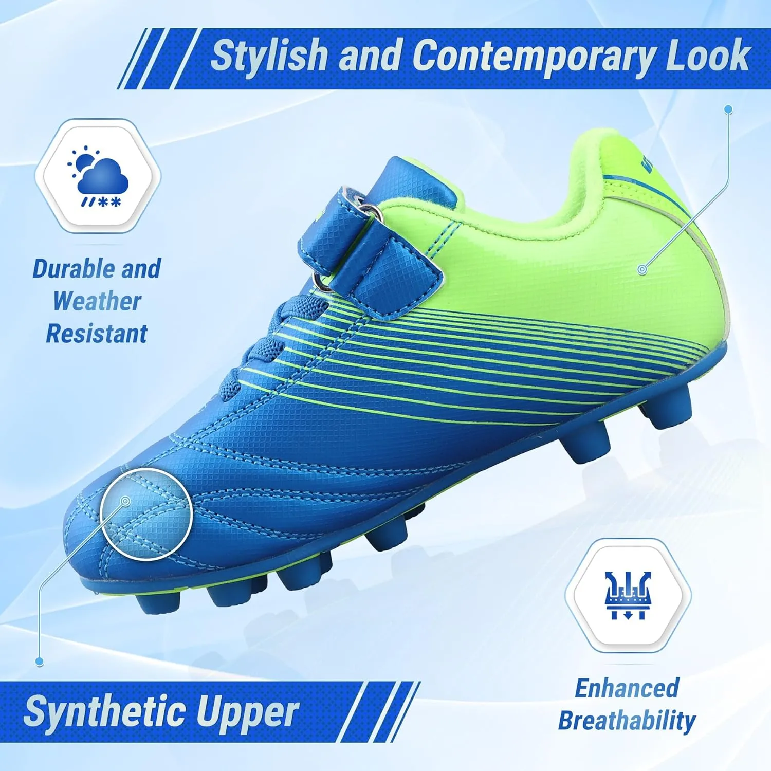 Vizari Soccer Cleats Boys Girls | Firm Ground Football Shoes | Light Secure Fit with Hook & Loop Strap | Toddlers, Little/Big Kid