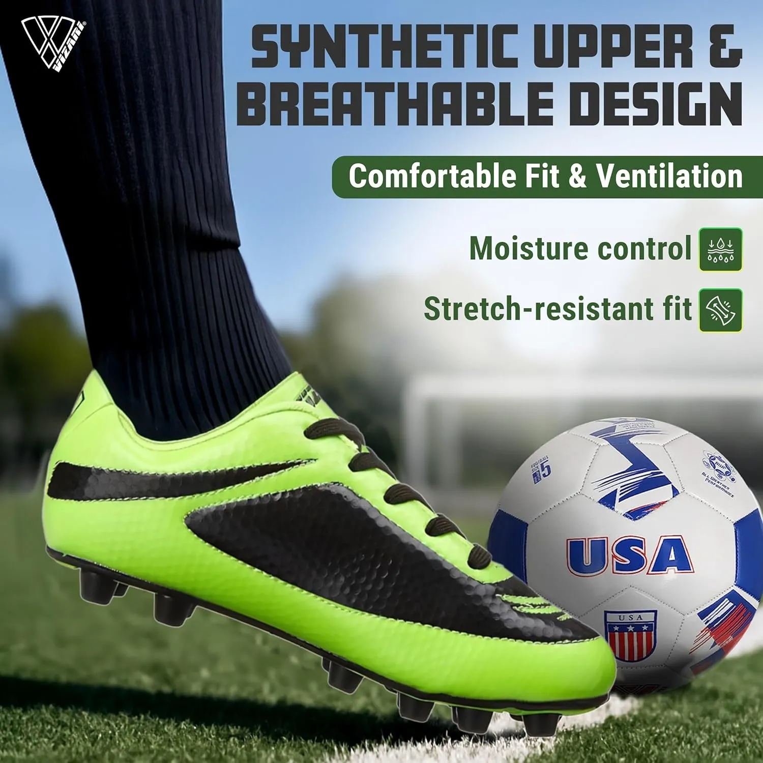 Vizari USA Kids Soccer Cleats ?C Youth Football Shoes for Boys & Girls | Lightweight Firm Ground Outdoor Cleats ?C Durable Athletic Soccer Shoes