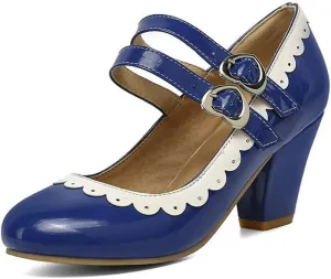 VOKLIN Women's Girls Lolita Ankle Strap Mary Jane Pumps Patent Leather Block High Heels Oxford Dress Shoes