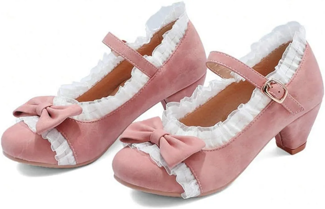 VOKLIN Women's Girls Lolita Low Heel Mary Jane Shoes Sweet Bow Lace Ankle Strap Princess Oxford Dress Pumps