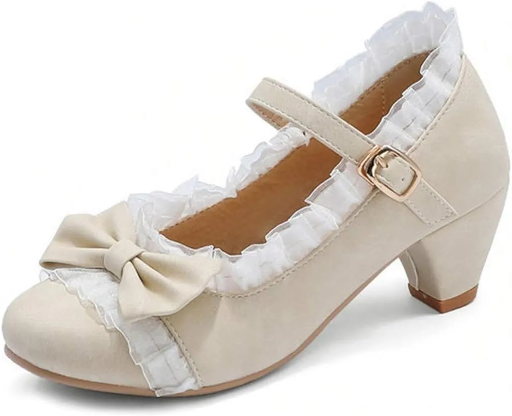 VOKLIN Women's Girls Lolita Low Heel Mary Jane Shoes Sweet Bow Lace Ankle Strap Princess Oxford Dress Pumps