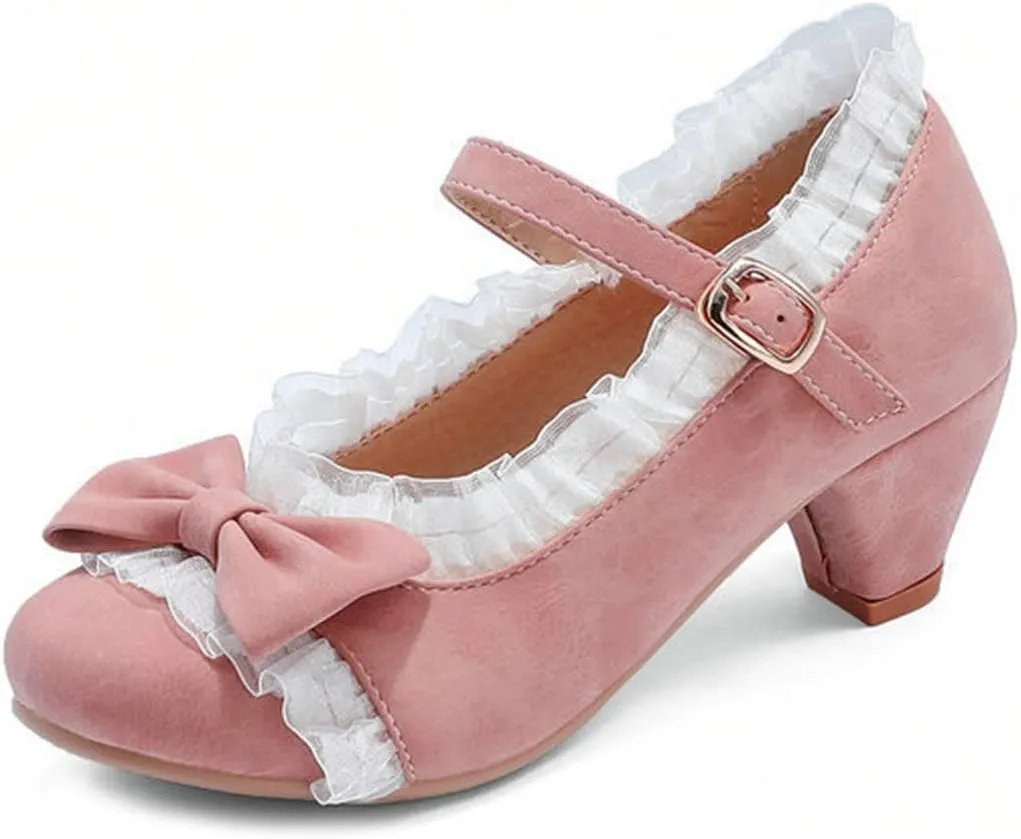 VOKLIN Women's Girls Lolita Low Heel Mary Jane Shoes Sweet Bow Lace Ankle Strap Princess Oxford Dress Pumps