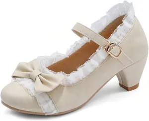 VOKLIN Women's Girls Lolita Low Heel Mary Jane Shoes Sweet Bow Lace Ankle Strap Princess Oxford Dress Pumps