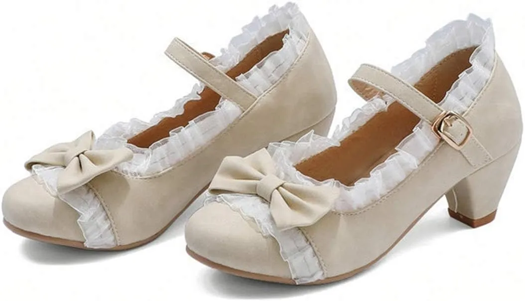VOKLIN Women's Girls Lolita Low Heel Mary Jane Shoes Sweet Bow Lace Ankle Strap Princess Oxford Dress Pumps
