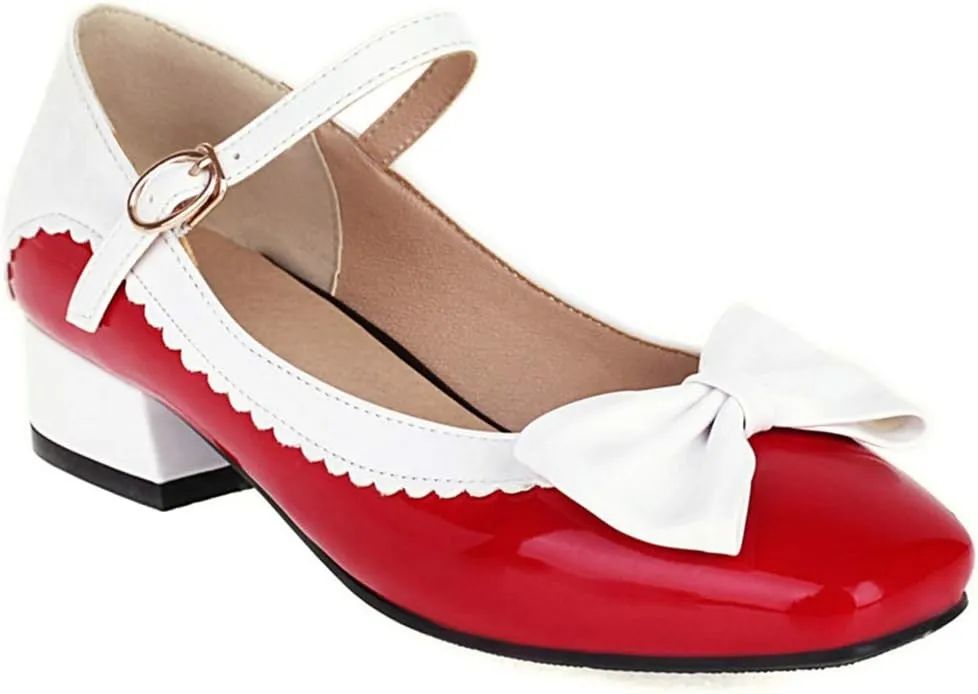 VOKLIN Women's Girls Lolita Mary Jane Flat Shoes Sweet Bow Square Toe Ankle Strap Low Heel Oxford Dress Pumps