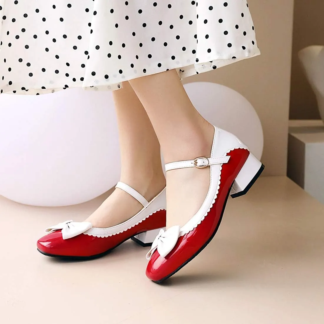 VOKLIN Women's Girls Lolita Mary Jane Flat Shoes Sweet Bow Square Toe Ankle Strap Low Heel Oxford Dress Pumps