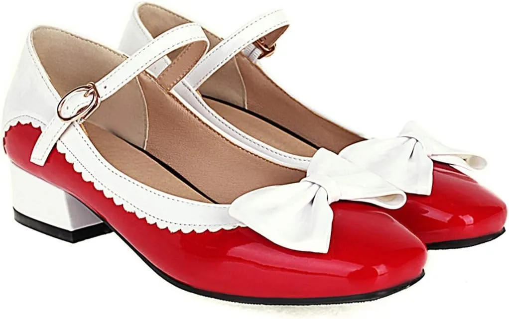 VOKLIN Women's Girls Lolita Mary Jane Flat Shoes Sweet Bow Square Toe Ankle Strap Low Heel Oxford Dress Pumps