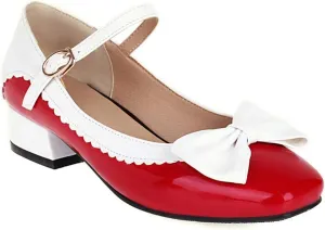 VOKLIN Women's Girls Lolita Mary Jane Flat Shoes Sweet Bow Square Toe Ankle Strap Low Heel Oxford Dress Pumps