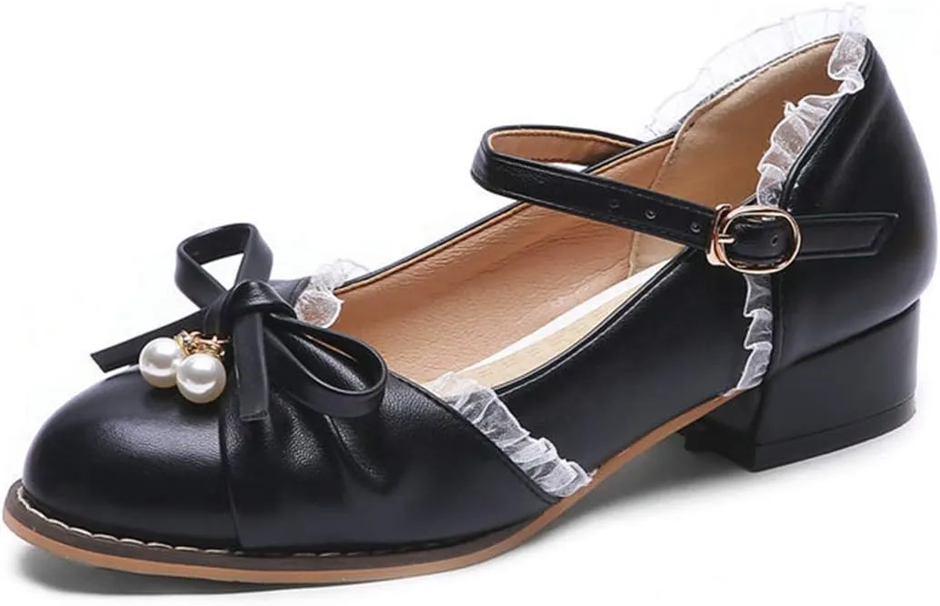 VOKLIN Women's Girls Lolita Mary Jane Flats Sweet Bow Ankle Strap Low Heel School Uniform Oxford Dress Shoes