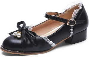 VOKLIN Women's Girls Lolita Mary Jane Flats Sweet Bow Ankle Strap Low Heel School Uniform Oxford Dress Shoes