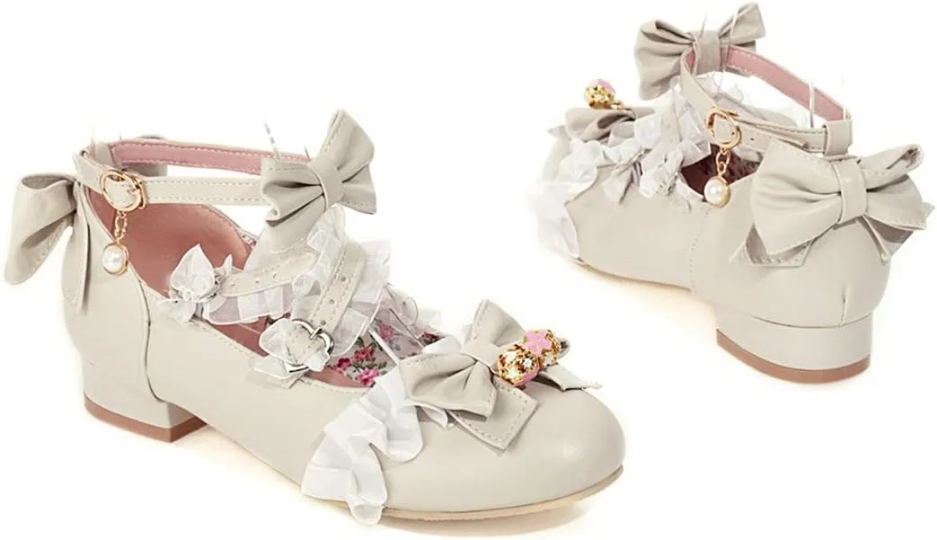 VOKLIN Women's Girls Lolita Mary Jane Flats Sweet Bow Cross Ankle Strap Low Heel Princess Oxford Dress Shoes
