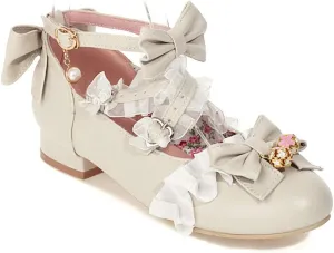 VOKLIN Women's Girls Lolita Mary Jane Flats Sweet Bow Cross Ankle Strap Low Heel Princess Oxford Dress Shoes