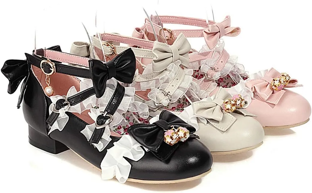 VOKLIN Women's Girls Lolita Mary Jane Flats Sweet Bow Cross Ankle Strap Low Heel Princess Oxford Dress Shoes