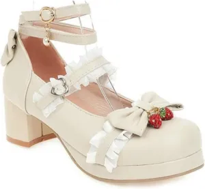 VOKLIN Women's Girls Lolita Mary Jane Pumps Princess Ankle Strap Mid Heel Sweet Bow Lace Oxford Dress Shoes
