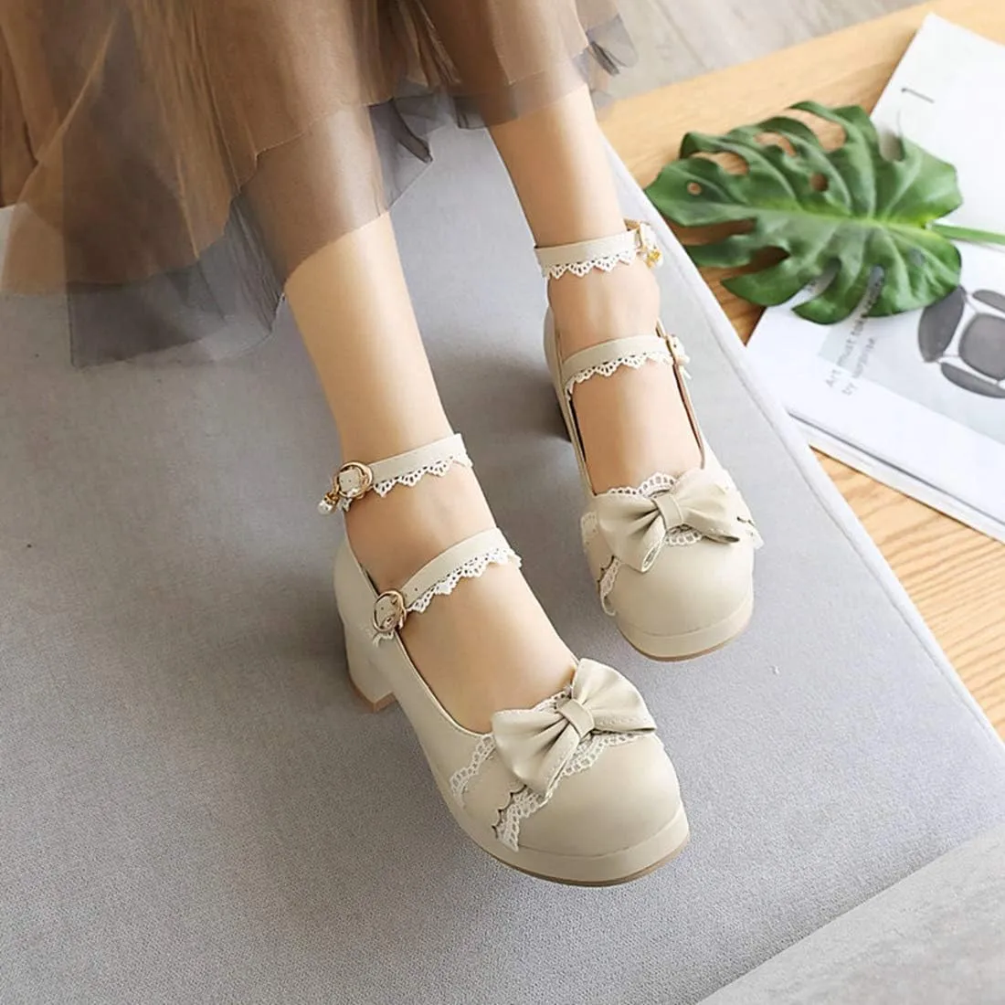 VOKLIN Women's Girls Lolita Mary Jane Pumps Sweet Bow Lace Ankle Strap Mid Heel Princess Oxford Dress Shoes