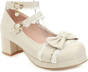 VOKLIN Women's Girls Lolita Mary Jane Pumps Sweet Bow Lace Ankle Strap Mid Heel Princess Oxford Dress Shoes