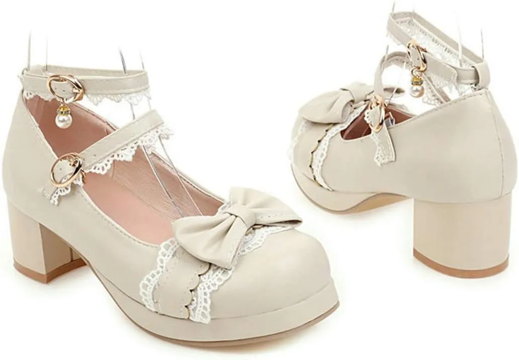 VOKLIN Women's Girls Lolita Mary Jane Pumps Sweet Bow Lace Ankle Strap Mid Heel Princess Oxford Dress Shoes