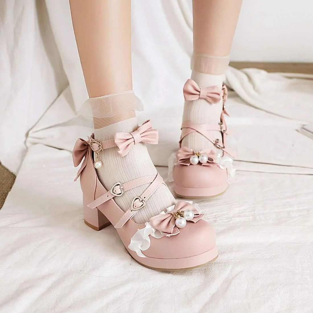 VOKLIN Women's Girls Lolita Mary Jane Shoes Sweet Bow Cross Ankle Strap Mid Heels Cosplay Oxford Dress Pumps