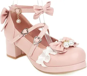 VOKLIN Women's Girls Lolita Mary Jane Shoes Sweet Bow Cross Ankle Strap Mid Heels Cosplay Oxford Dress Pumps