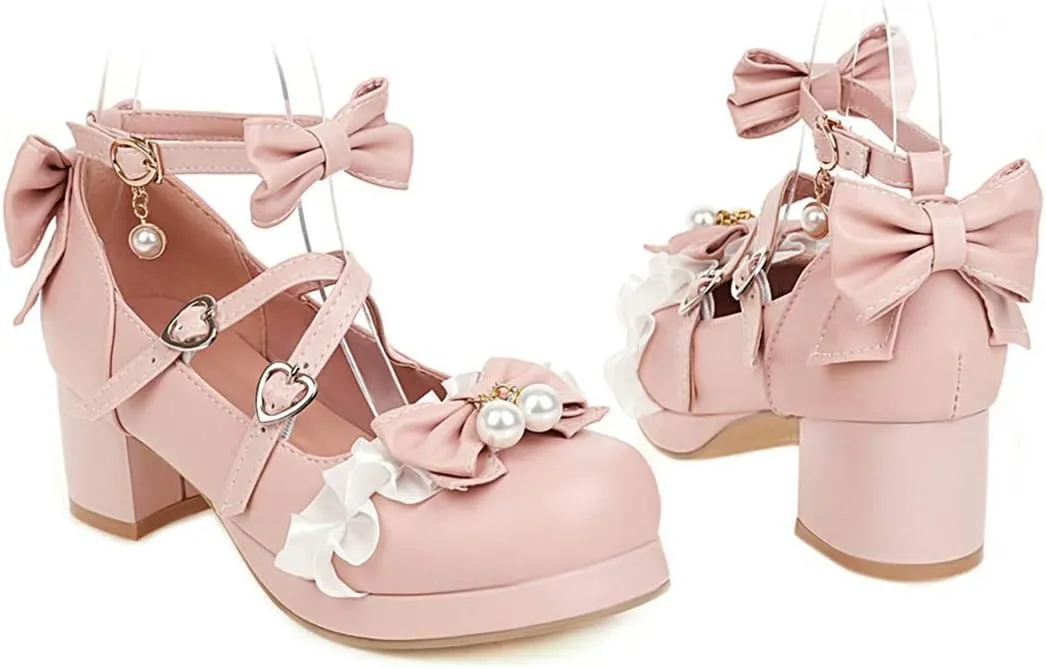 VOKLIN Women's Girls Lolita Mary Jane Shoes Sweet Bow Cross Ankle Strap Mid Heels Cosplay Oxford Dress Pumps