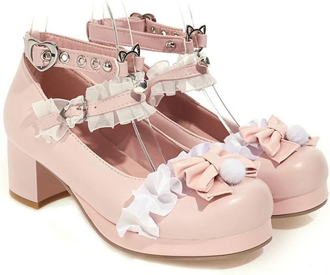 VOKLIN Women's Girls Lolita Mary Jane Shoes Sweet Bow Lace Ankle Strap Mid Heel Cosplay Oxford Dress Pumps
