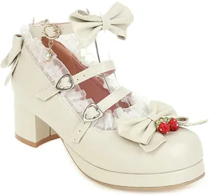 VOKLIN Women's Girls Lolita Mary Jane Shoes Sweet Bow Lace Ankle Strap Mid Heel Cosplay Oxford Dress Pumps
