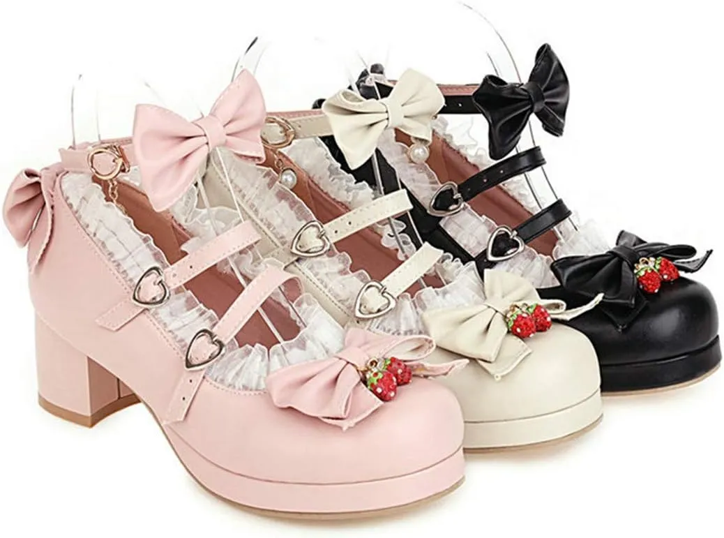 VOKLIN Women's Girls Lolita Mary Jane Shoes Sweet Bow Lace Ankle Strap Mid Heel Cosplay Oxford Dress Pumps