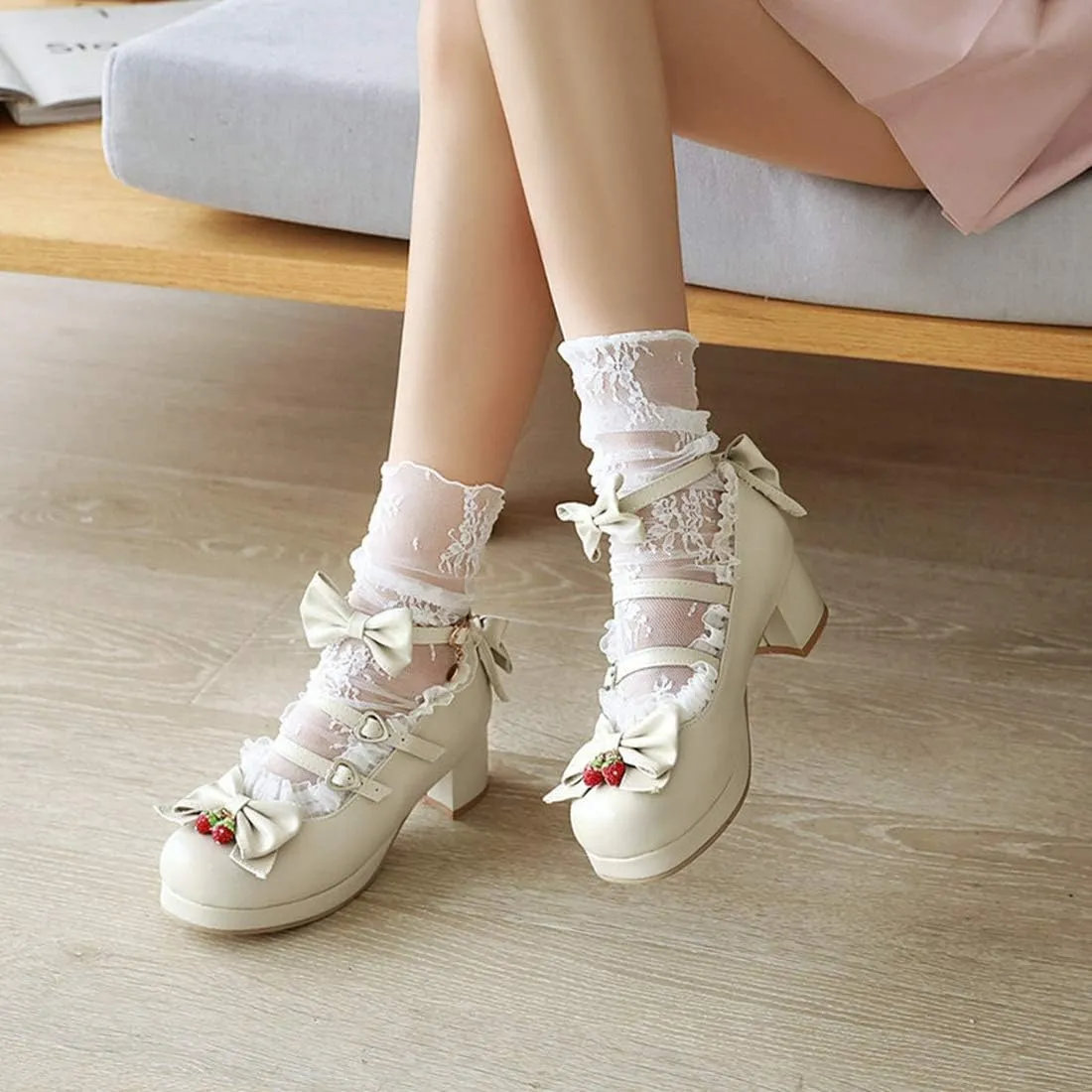 VOKLIN Women's Girls Lolita Mary Jane Shoes Sweet Bow Lace Ankle Strap Mid Heel Cosplay Oxford Dress Pumps