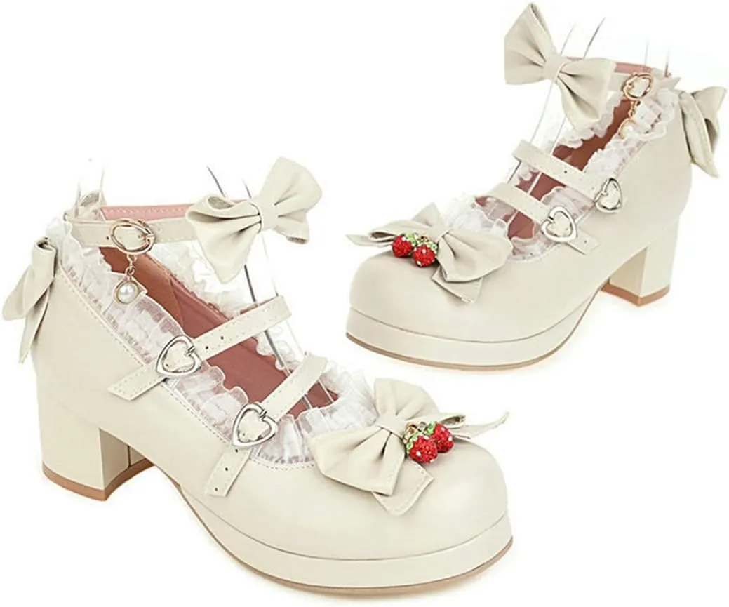 VOKLIN Women's Girls Lolita Mary Jane Shoes Sweet Bow Lace Ankle Strap Mid Heel Cosplay Oxford Dress Pumps