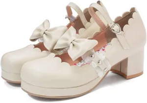 VOKLIN Women's Girls Lolita Mary Janes Pumps Princess Cute Bow Ankle Strap Block Mid Heel Oxford Dress Shoes