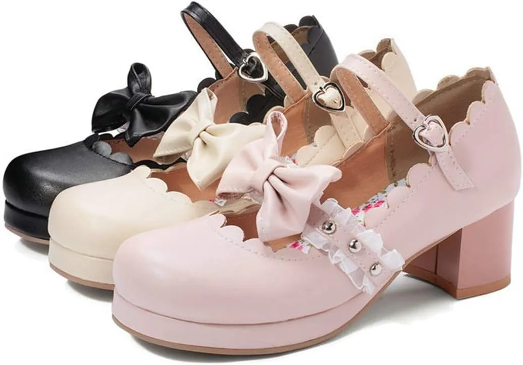 VOKLIN Women's Girls Lolita Mary Janes Pumps Princess Cute Bow Ankle Strap Block Mid Heel Oxford Dress Shoes