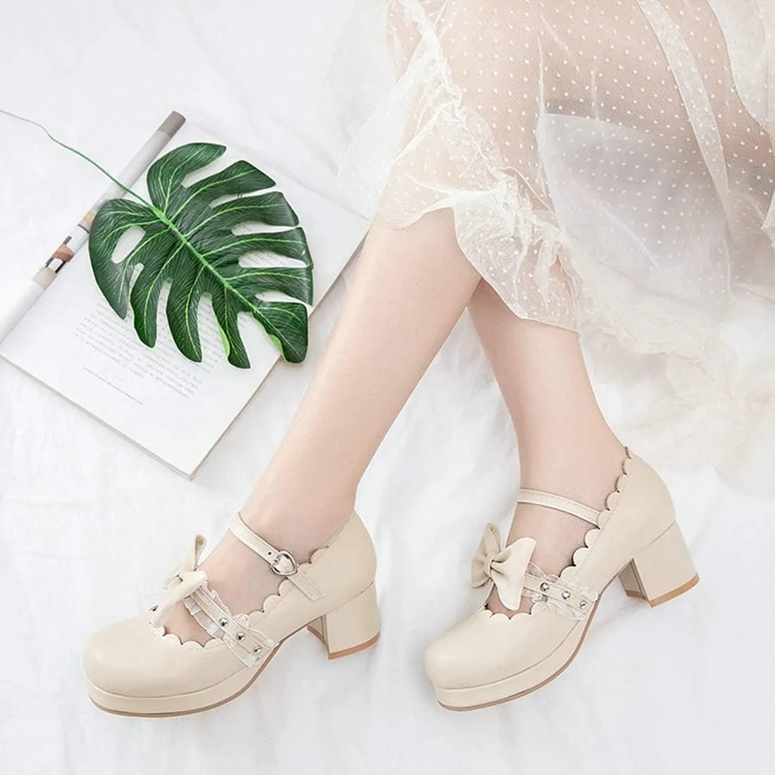 VOKLIN Women's Girls Lolita Mary Janes Pumps Princess Cute Bow Ankle Strap Block Mid Heel Oxford Dress Shoes