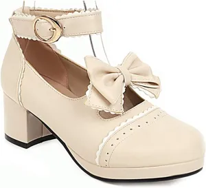 VOKLIN Women's Girls Lolita Mary Janes Pumps Sweet Bow Ankle Strap Block Mid Heel Cosplay Oxford Dress Shoes