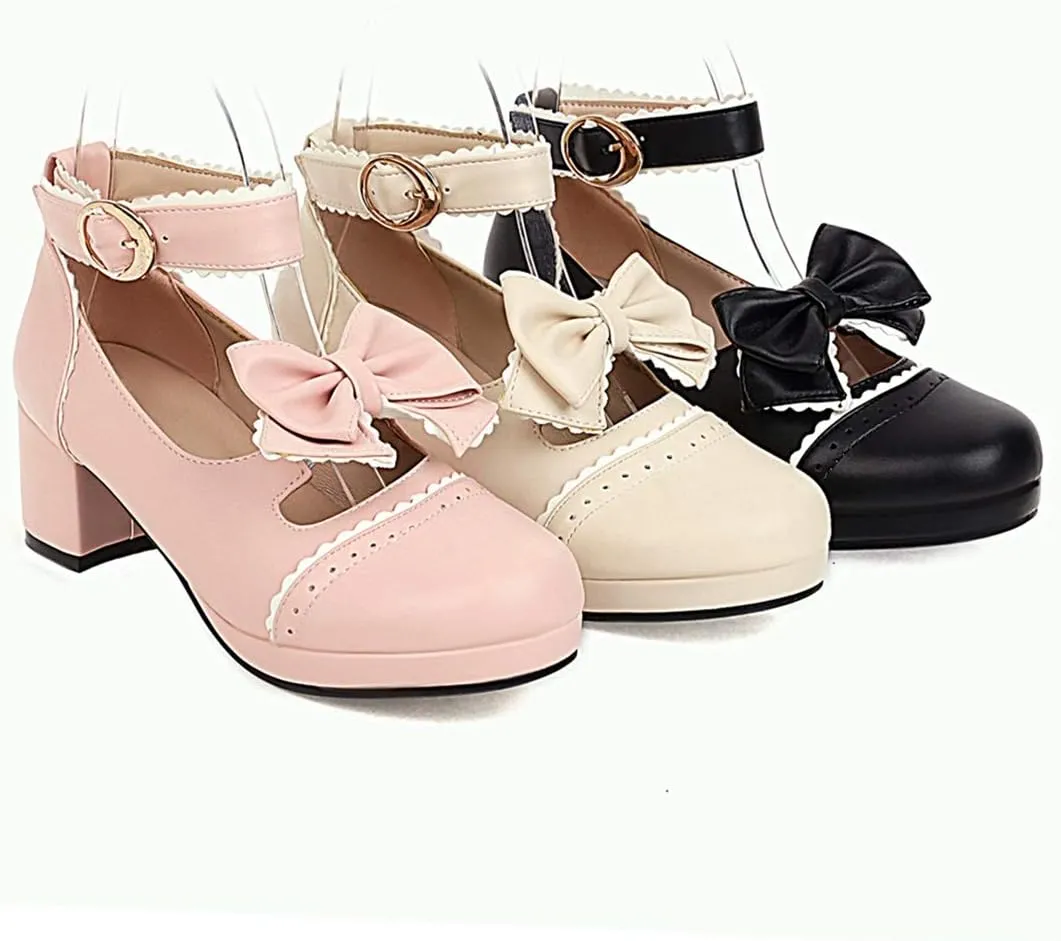 VOKLIN Women's Girls Lolita Mary Janes Pumps Sweet Bow Ankle Strap Block Mid Heel Cosplay Oxford Dress Shoes