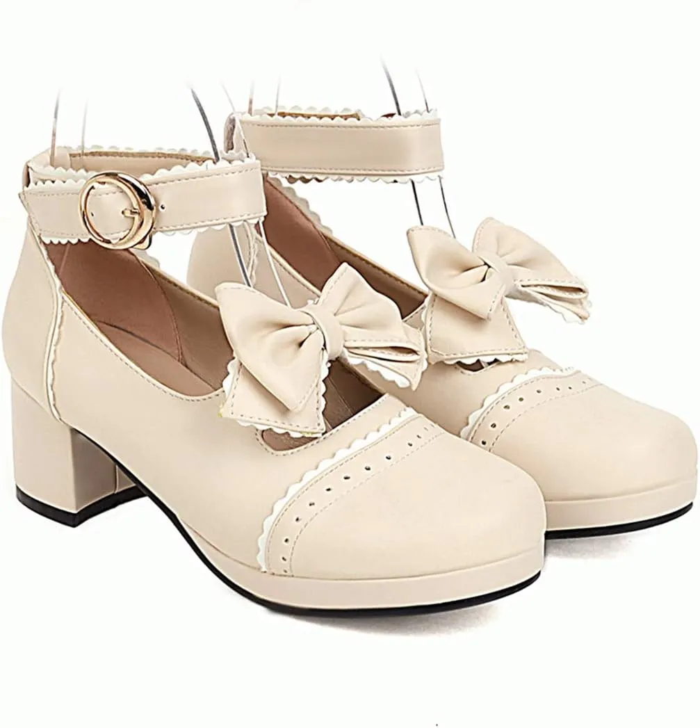VOKLIN Women's Girls Lolita Mary Janes Pumps Sweet Bow Ankle Strap Block Mid Heel Cosplay Oxford Dress Shoes