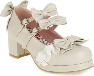 VOKLIN Women's Girls Lolita Mary Janes Shoes Sweet Bow Lace Ankle Strap Mid Heels Cosplay Oxford Dress Pumps